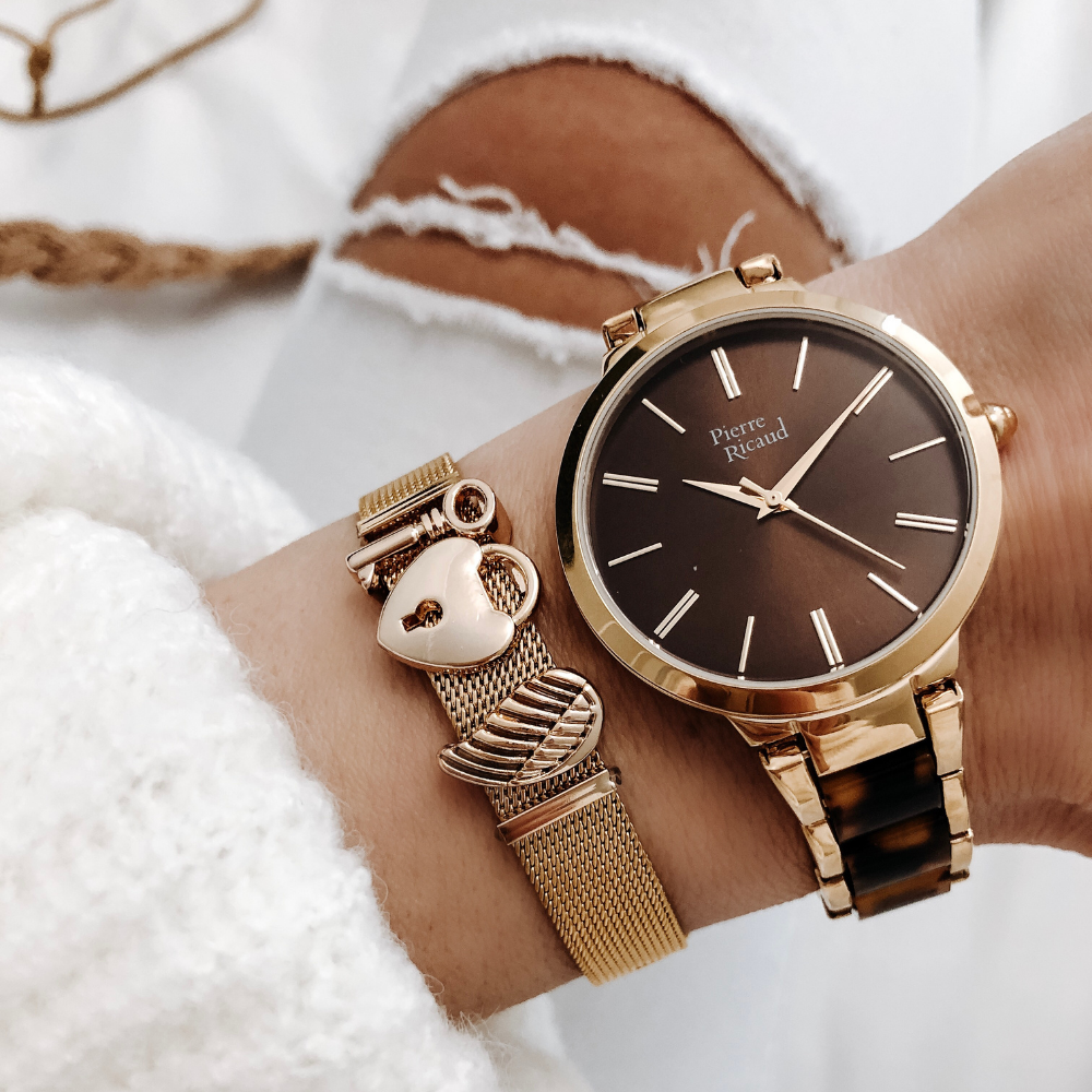 Złoto-brązowy zegarek damski Pierre Ricaud z bransoletką w tym samym kolorze