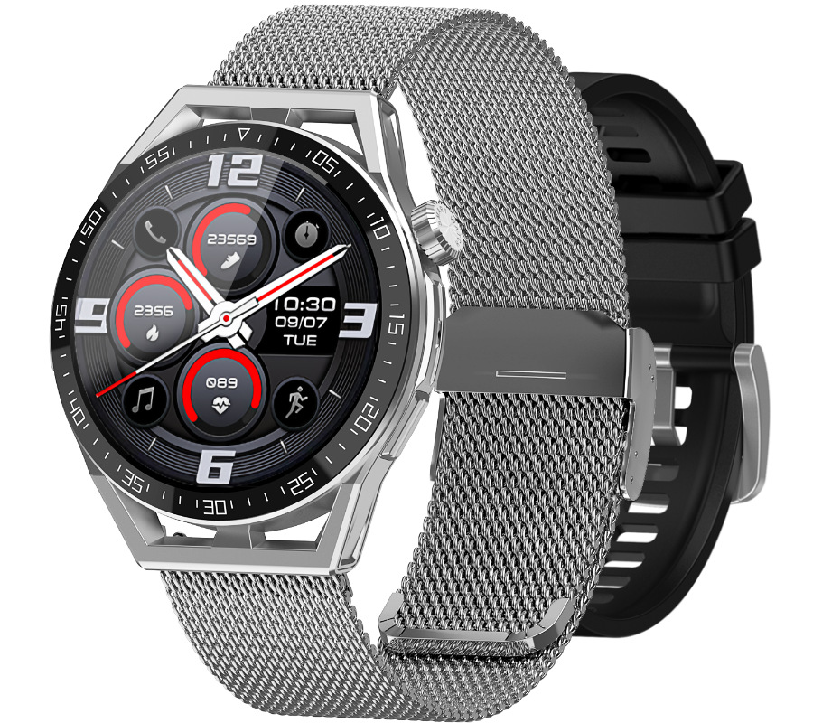 Zegarek męski Smartwatch Rubicon RNCE88 na srebrnej bransolecie + czarny silikonowy pasek