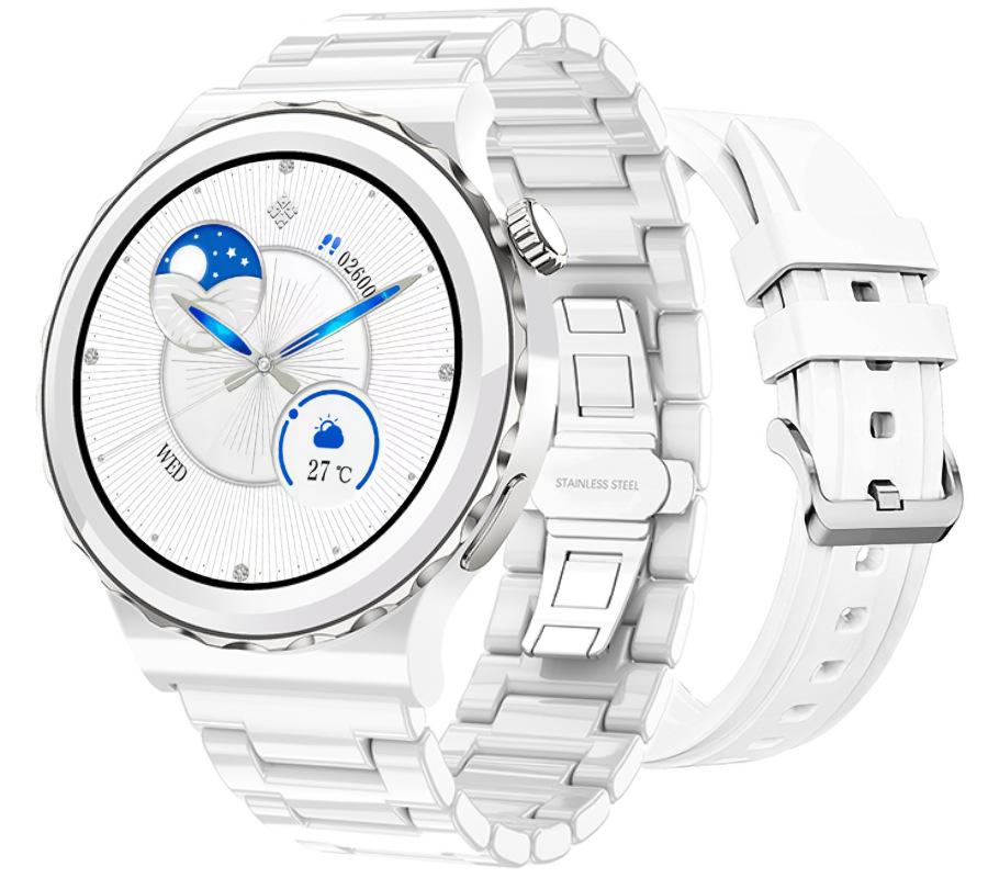 Zegarek damski Smartwatch Rubicon RNCE92 srebrny na ceramicznej bransolecie + silikonowy biały pasek