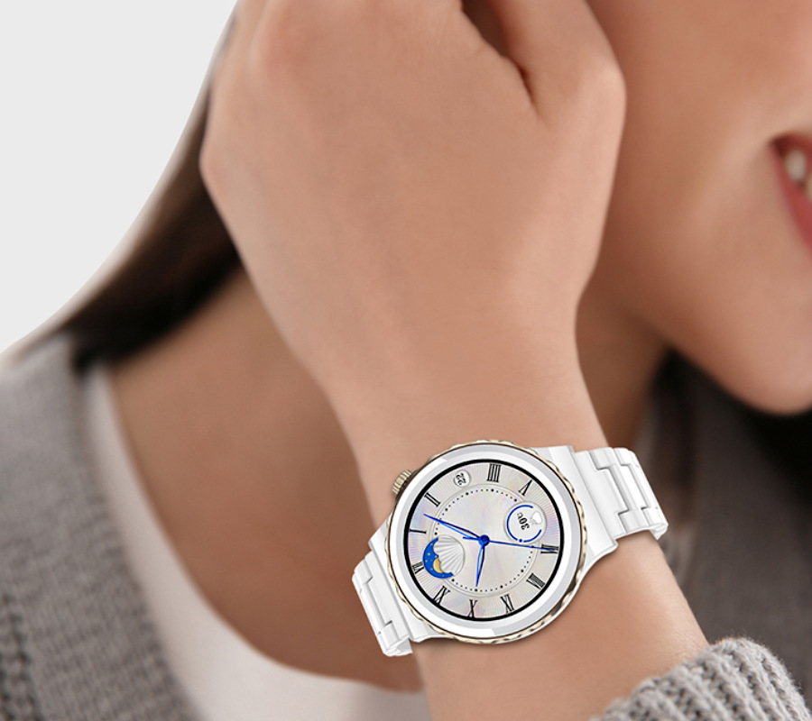 Zegarek damski Smartwatch Rubicon RNCE92 srebrny na ceramicznej bransolecie + silikonowy biały pasek