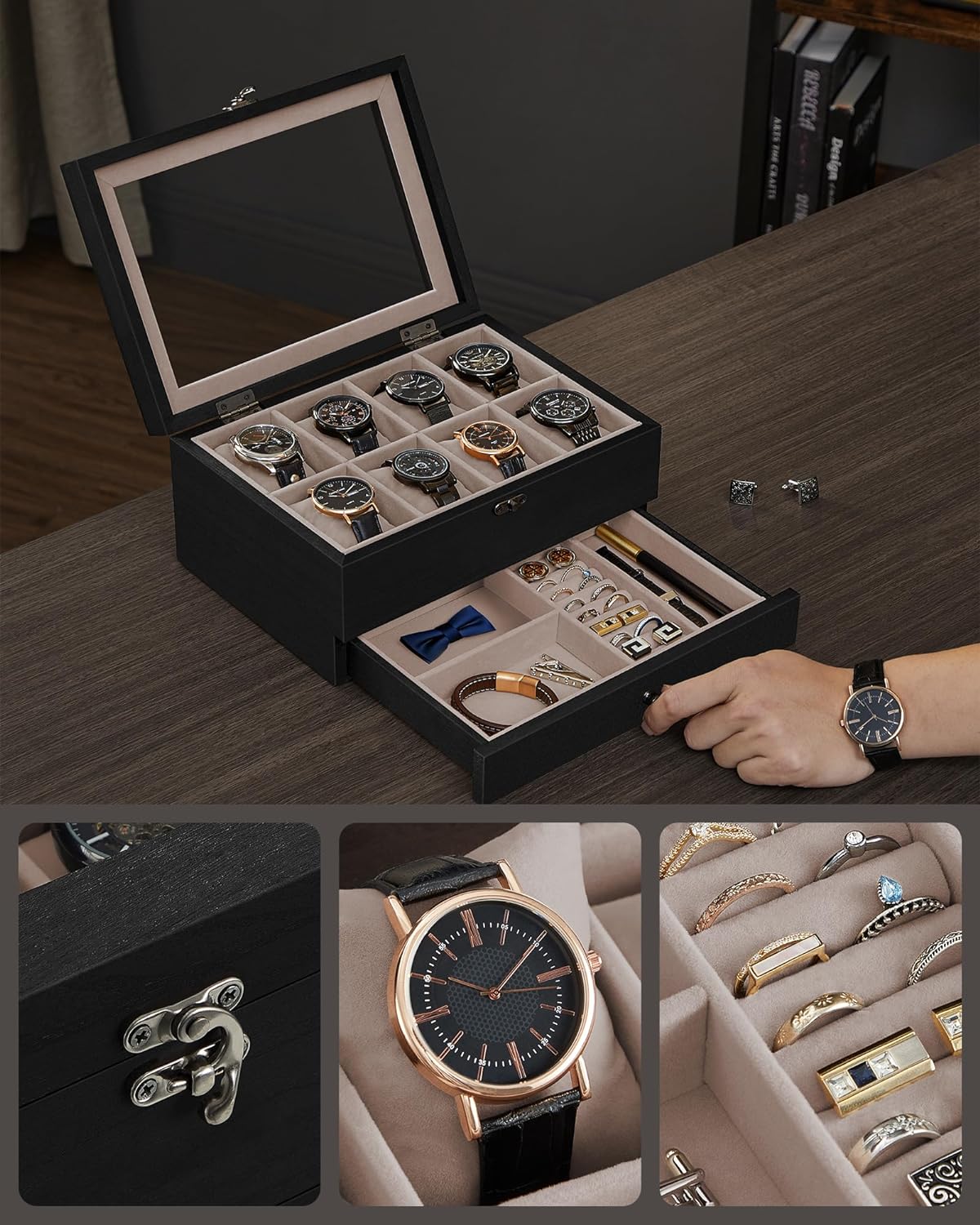 Duże pudełko na 8 zegarków i biżuterię czarne Songmics