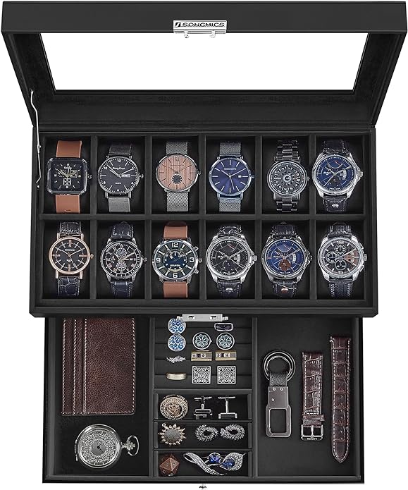 Dwupoziomowe pudełko na 12 zegarków i biżuterię Songmics czarne