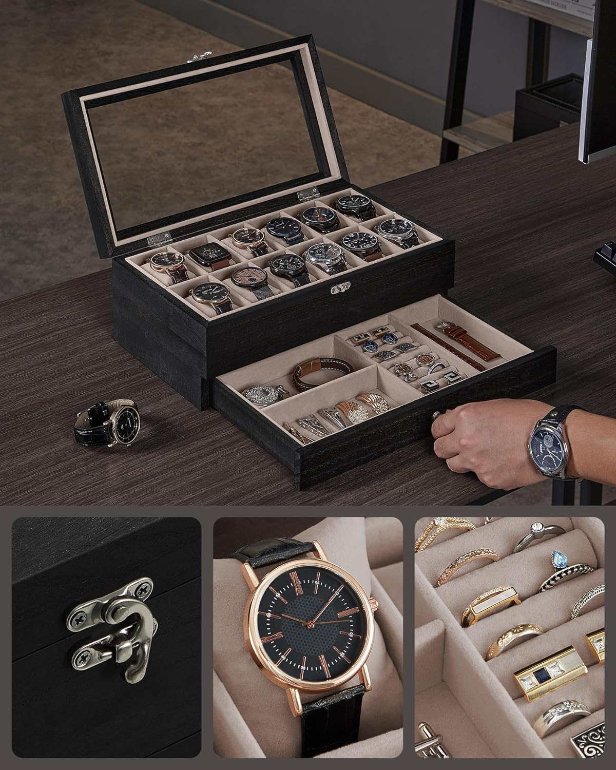 Dwupoziomowe pudełko na 12 zegarków i biżuterię czarne Songmics