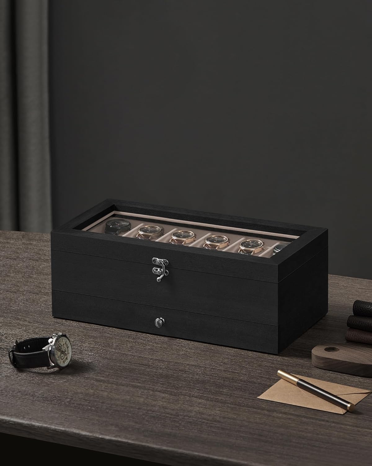 Dwupoziomowe pudełko na 12 zegarków i biżuterię czarne Songmics