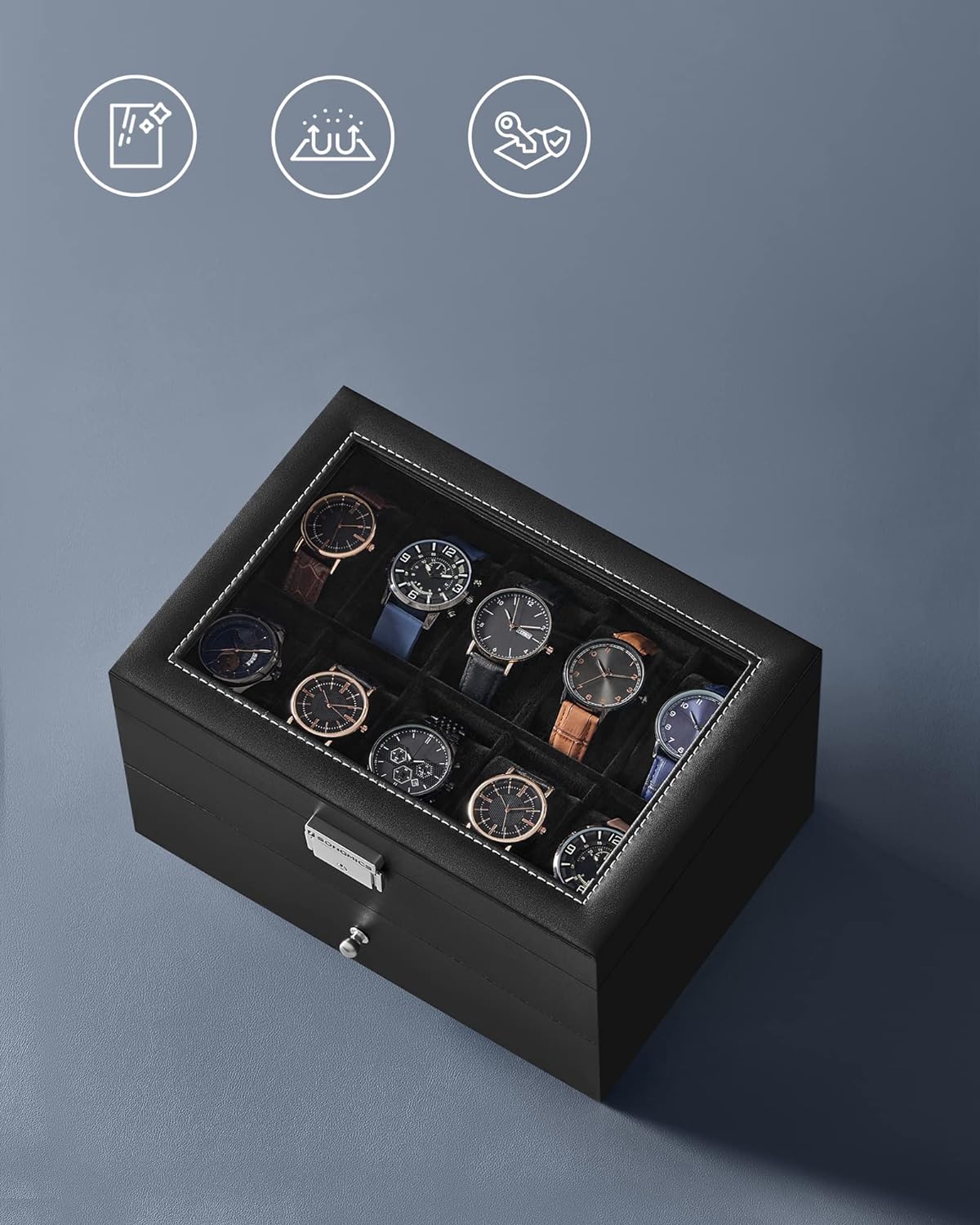 Dwupoziomowe duże pudełko na 20 zegarków Songmics czarne