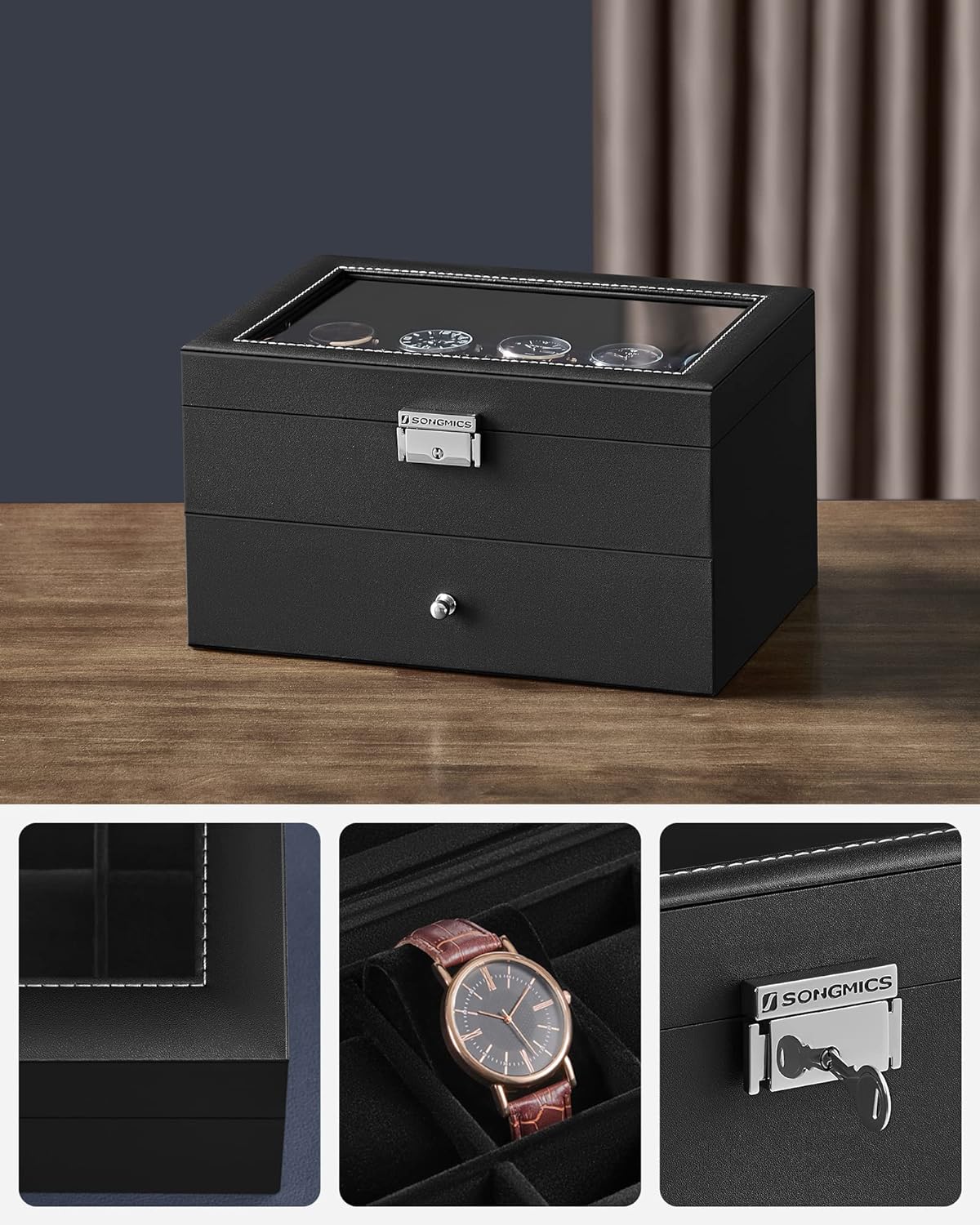 Dwupoziomowe duże pudełko na 20 zegarków Songmics czarne