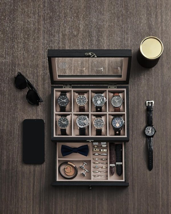Duże pudełko na 8 zegarków i biżuterię czarne Songmics