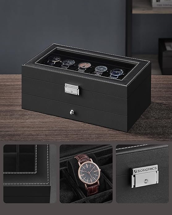 Dwupoziomowe pudełko na 12 zegarków i biżuterię Songmics czarne